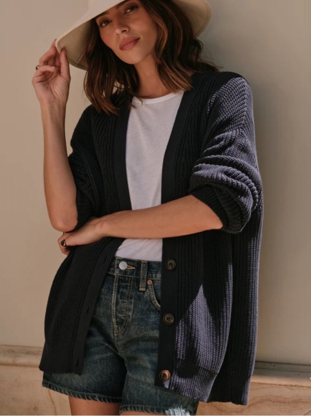 Jenni Kayne Organic Cotton Cocoon sweater Navy Blue Chunky Knit Oversized XXL